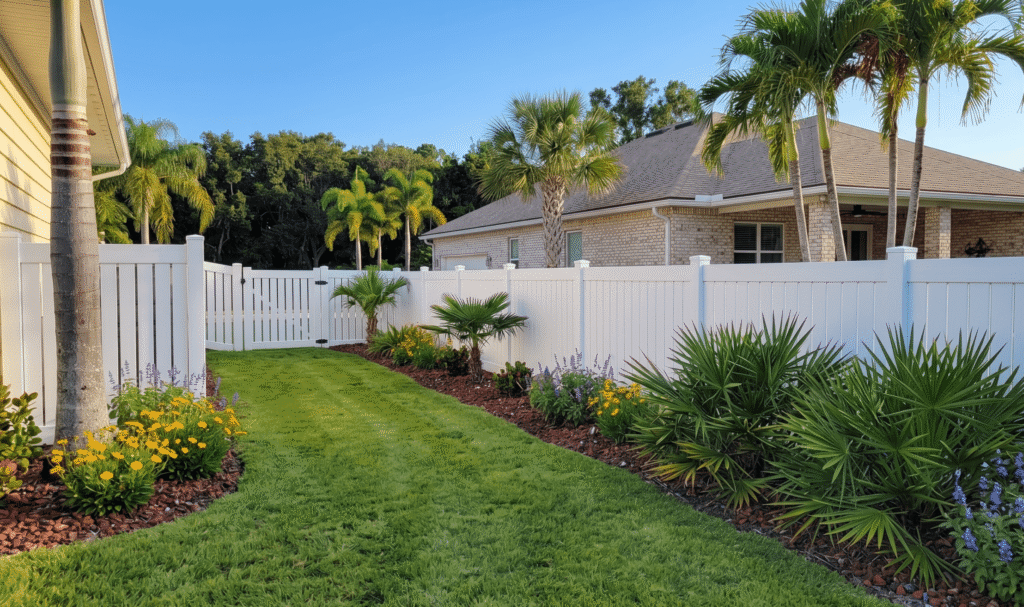 White vinyl privacy fence in a landscaped backyard