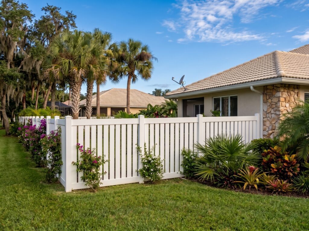 White vinyl privacy fence in a Jacksonville, FL backyard, installed along the surveyed property line