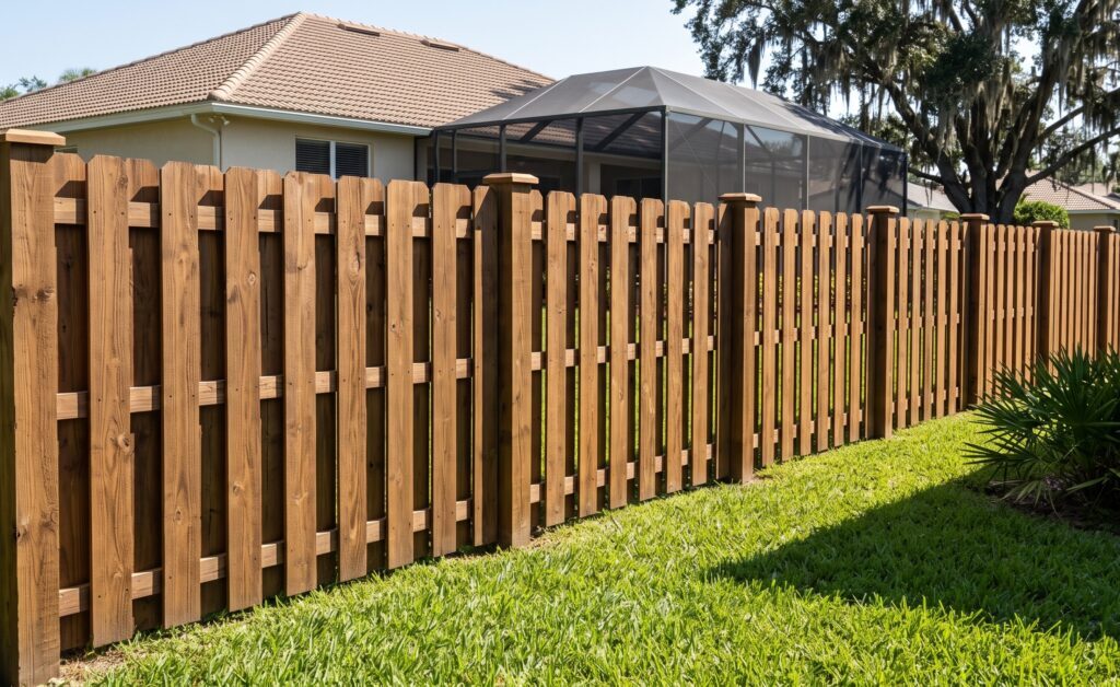 Shadowbox wood fence with a cap rail